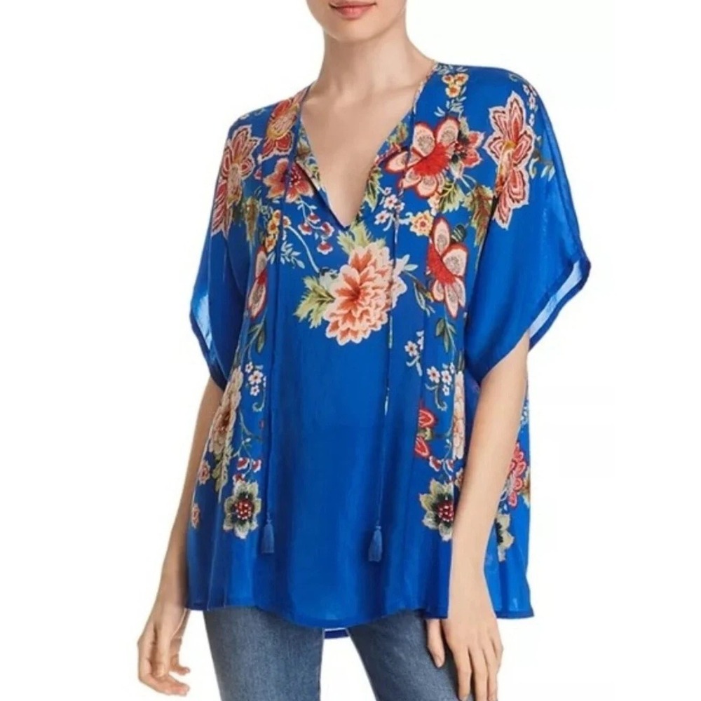 Johnny Was Zadie Floral Split neck Short sleeve Georgette Top Blouse Blue Boho‎